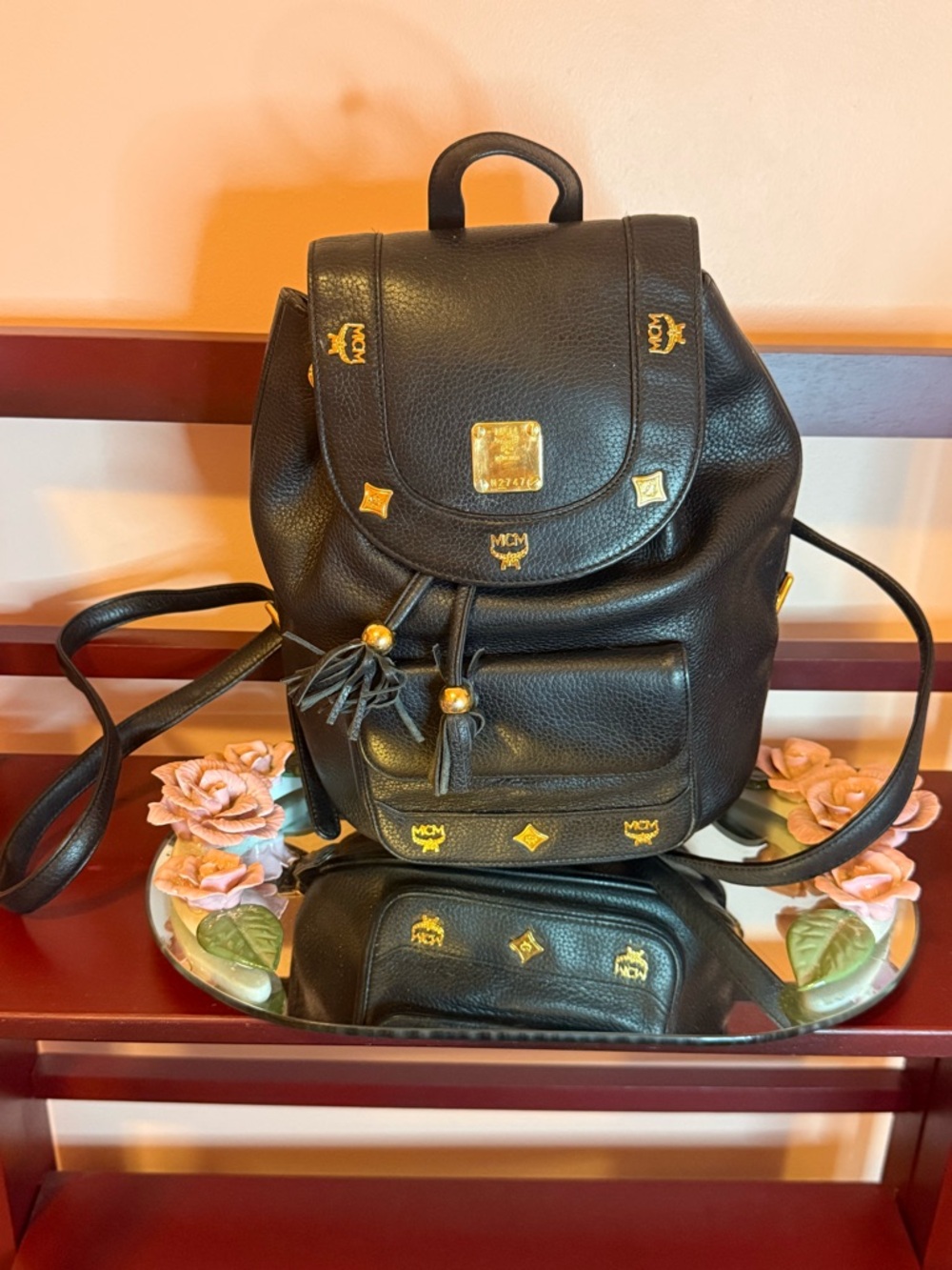 MCM Black Leather Backpack with Gold Hardware